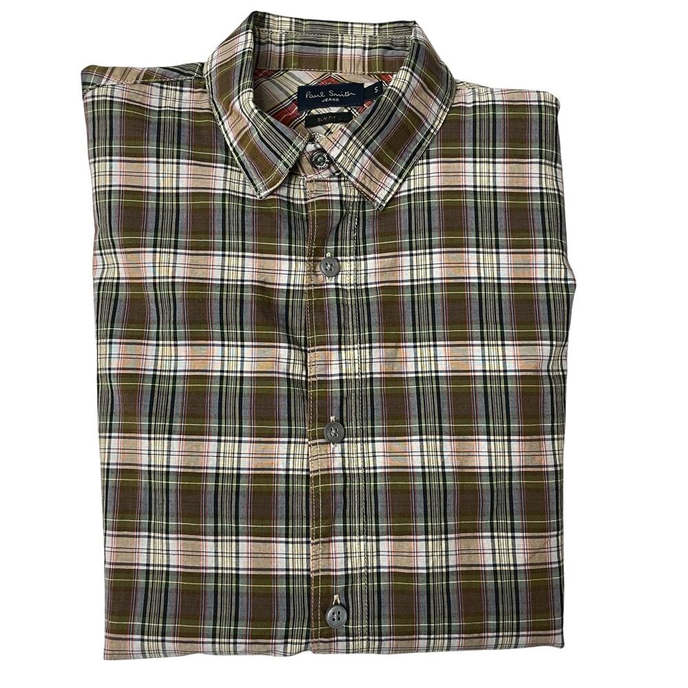 Paul Smith Jeans Shirt Mens S Brown Plaid Long Sleeve Button Up Slim Fit Cotton